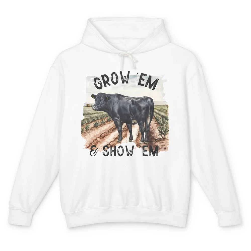 Black Cow On The Farm Grow Em Show Em Western Farm Life Unisex Lightweight Hoodie