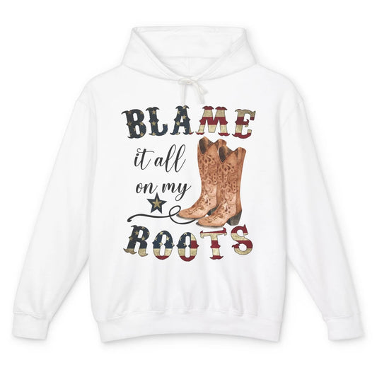 Retro US Flag Cowboy Boots Blame It All On My Roots Western Unisex Lightweight Hoodie