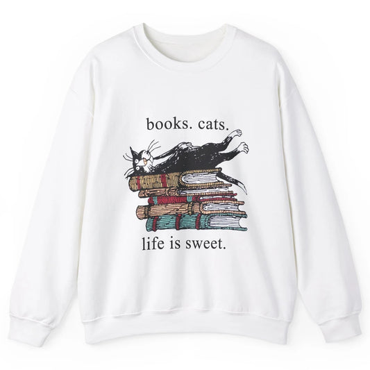 Books Cats Life Is Sweet Cat Book Lovers Reading Book Unisex Crewneck Sweatshirt