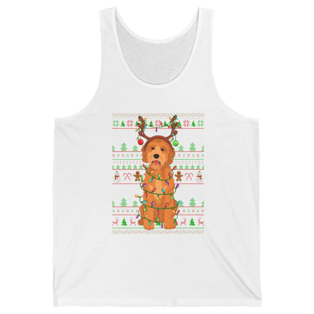 Merry Christmas Golden Doodle Dog Reindeer Xmas Lights Ugly Unisex Jersey Tank