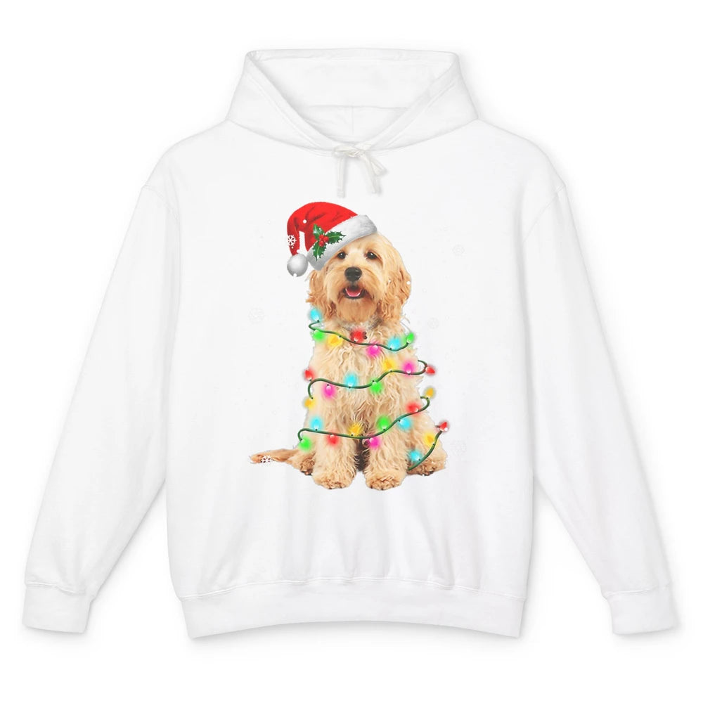 Merry Christmas Golden Doodle Dog Santa Hat Xmas Tree Lights Unisex Lightweight Hoodie