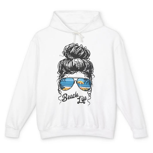 Beach Life Messy Bun Hawaiian Hair Retro Beach Palms Summer Unisex Lightweight Hoodie