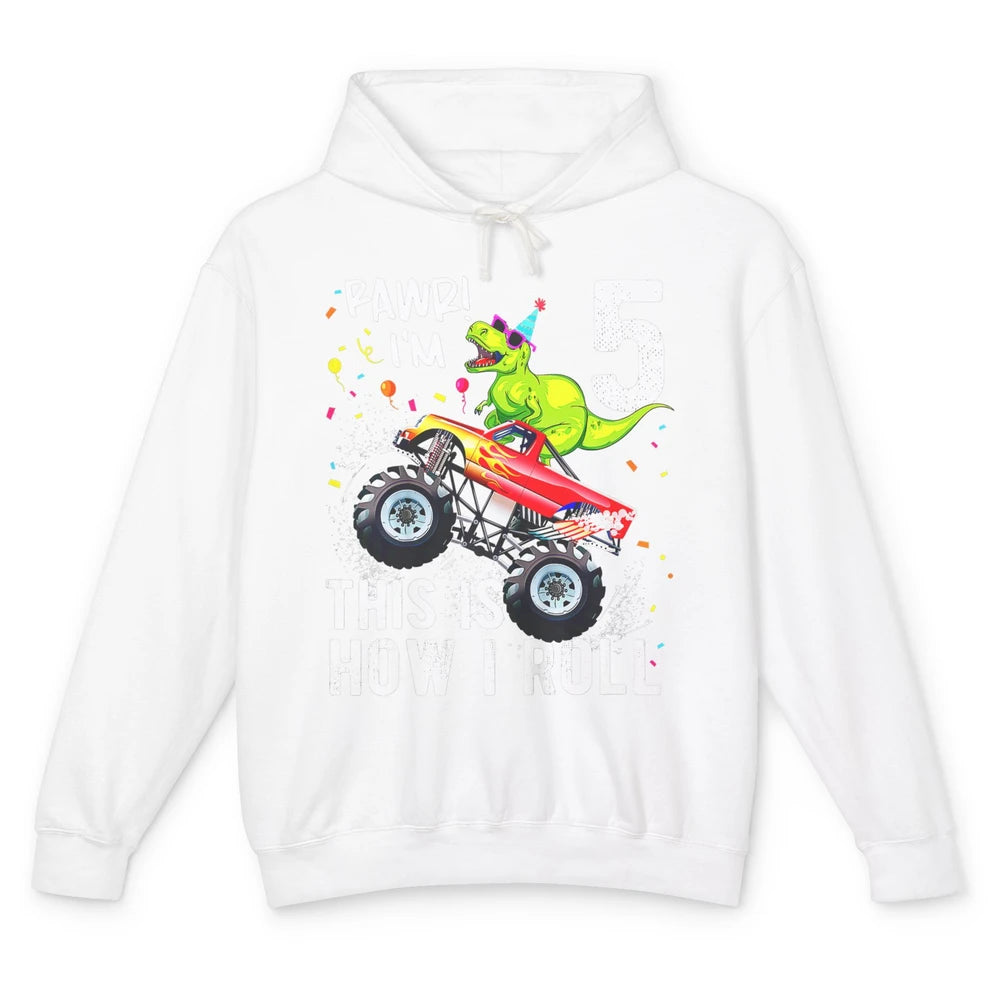 Funny T Rex Dinosaur Monster Truck Happy 5 Birthday Boy Rawr Unisex Lightweight Hoodie