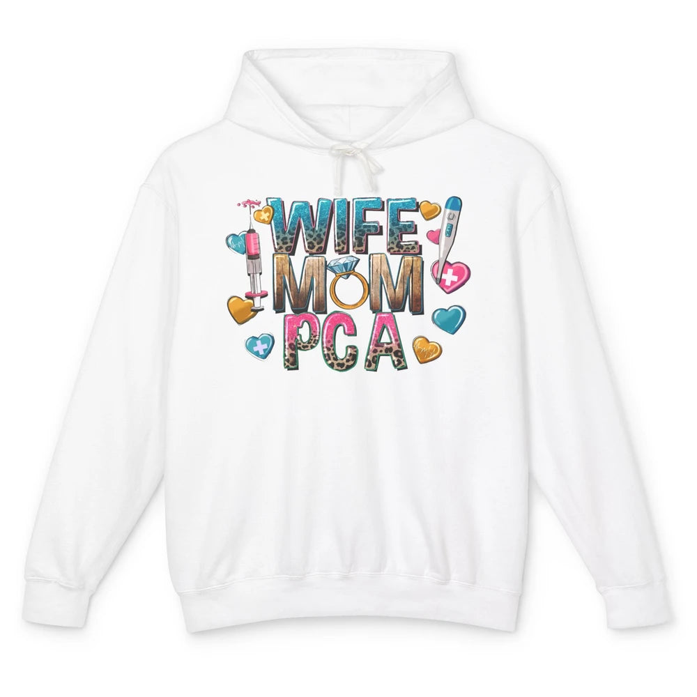 Wife Mom PCA Leopard Heart Western PCA Valentines Day Nurse Unisex Lightweight Hoodie