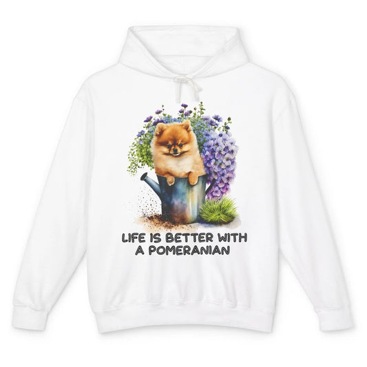 Cute Pomeranian Puppy Flowers Life Is Better With Pomeranian Unisex Lightweight Hoodie