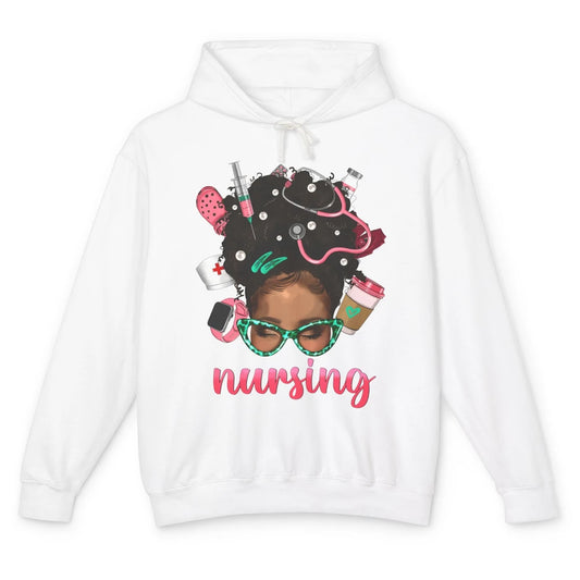 Afro Black Woman Nurse Life Nursing Therapist Messy Hair Bun Unisex Lightweight Hoodie