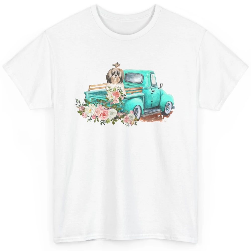 Cute Shih Tzu On Teal Truck Dog Lovers Retro Truck Christmas Classic Unisex T-Shirt