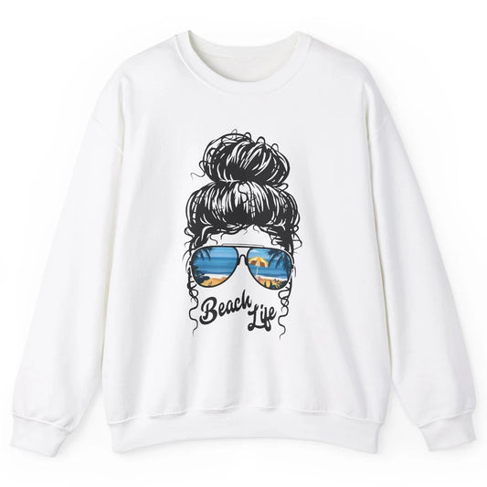 Beach Life Messy Bun Hawaiian Hair Retro Beach Palms Summer Unisex Crewneck Sweatshirt