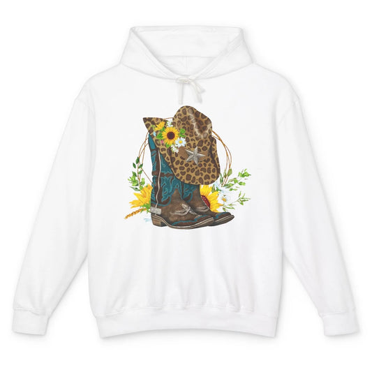 Western Floral Cowboy Boots Hat Leopard Flower Texas Vintage Unisex Lightweight Hoodie