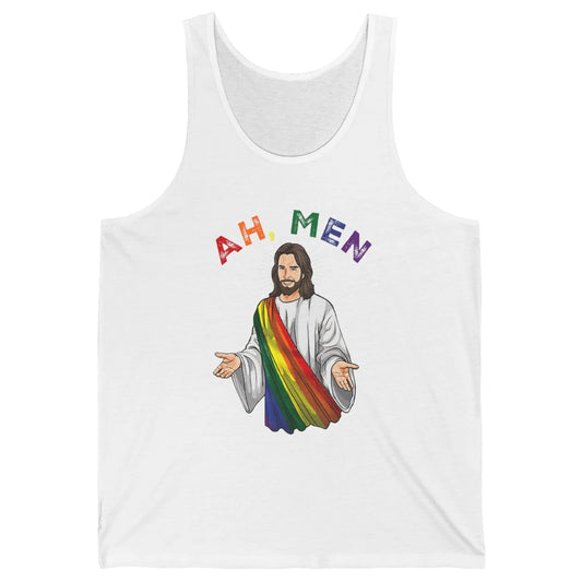 Ah Men LGBT Gay Pride Jesus Christian God Rainbow Flag Love Unisex Jersey Tank