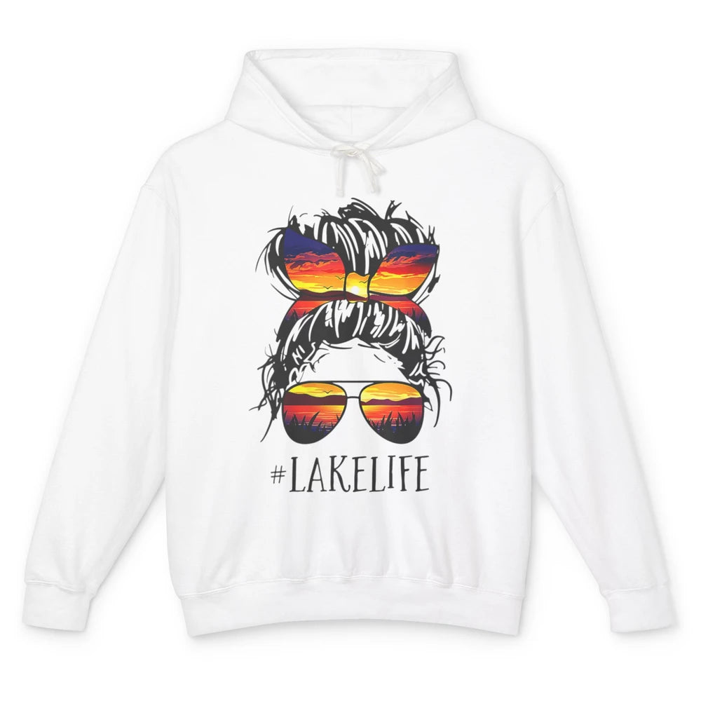 Lake Life Messy Hair Bun Woman Sunset Summer Retro Fishing Unisex Lightweight Hoodie