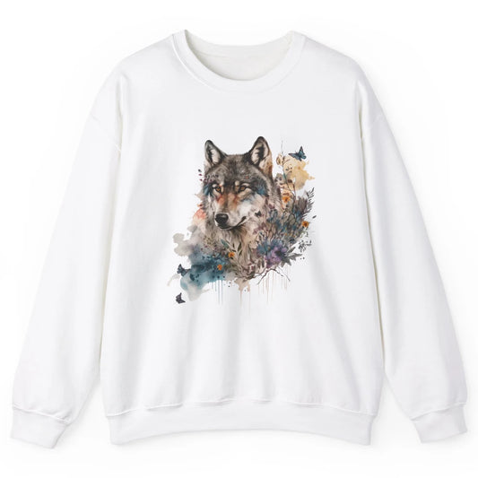 Watercolor Wolf Face Howl Butterfly Wolves Wild Animal Retro Unisex Crewneck Sweatshirt