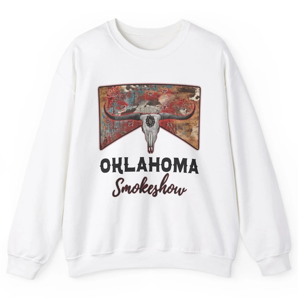 Boho Bull Skull Cow Print Oklahoma Smokeshow Western Country Unisex Crewneck Sweatshirt