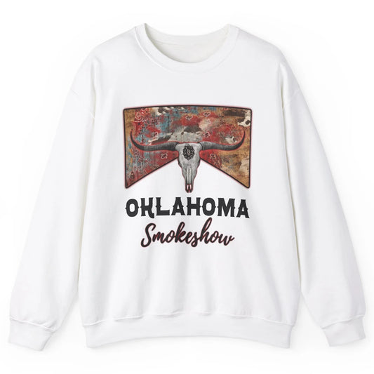 Boho Bull Skull Cow Print Oklahoma Smokeshow Western Country Unisex Crewneck Sweatshirt