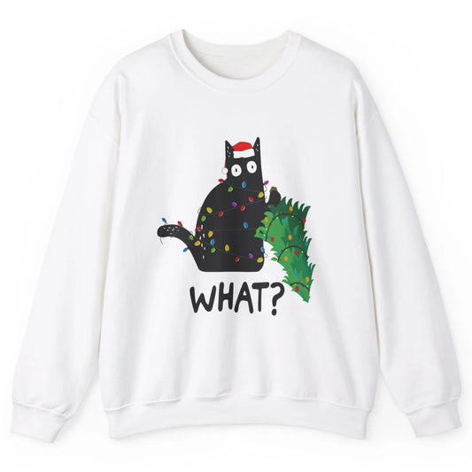 Black Cat Pushing Christmas Tree What Xmas Lights Santa Hat Unisex Crewneck Sweatshirt