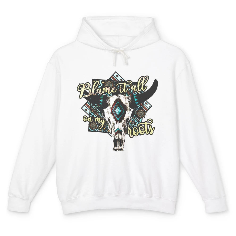 Retro Boot Blame It All On My Root Cow Skull Western Cowboy Unisex Lightweight Hoodie