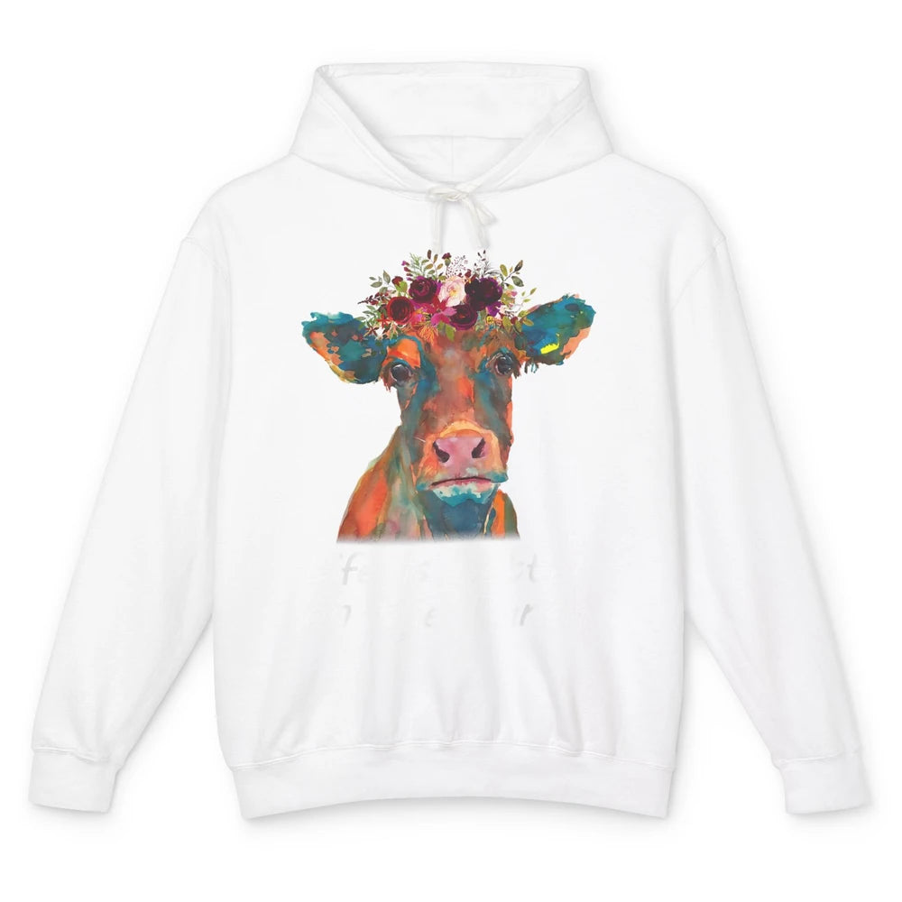 Life Is Better On The Ranch Funny Floral Heifer Cow Farmer Unisex Lightweight Hoodie