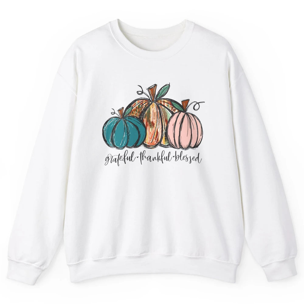 Grateful Thankful Blessed Doodle Pumpkin Fall Thanksgiving Unisex Crewneck Sweatshirt