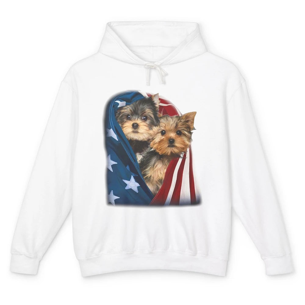 Yorkshire Terrier US Flag July 4th Patriotic Yorkie Puppies Unisex Lightweight Hoodie