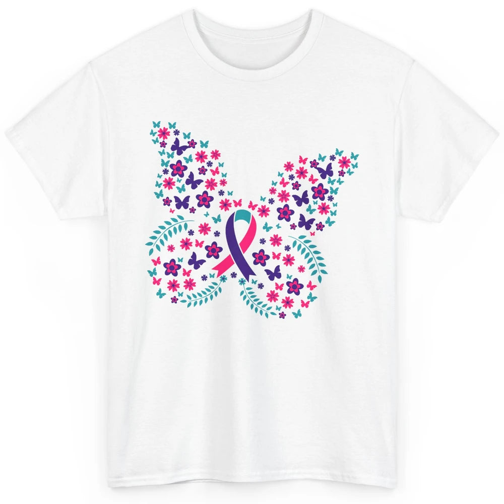 Floral Butterfly Teal Pink Warrior Thyroid Cancer Awareness Classic Unisex T-Shirt