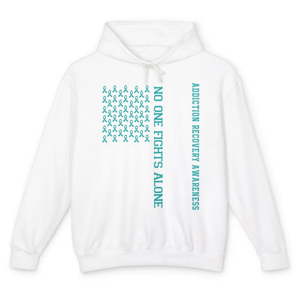 Addiction Recovery Awareness Teal Ribbon No One Fiht Alone Unisex Lightweight Hoodie