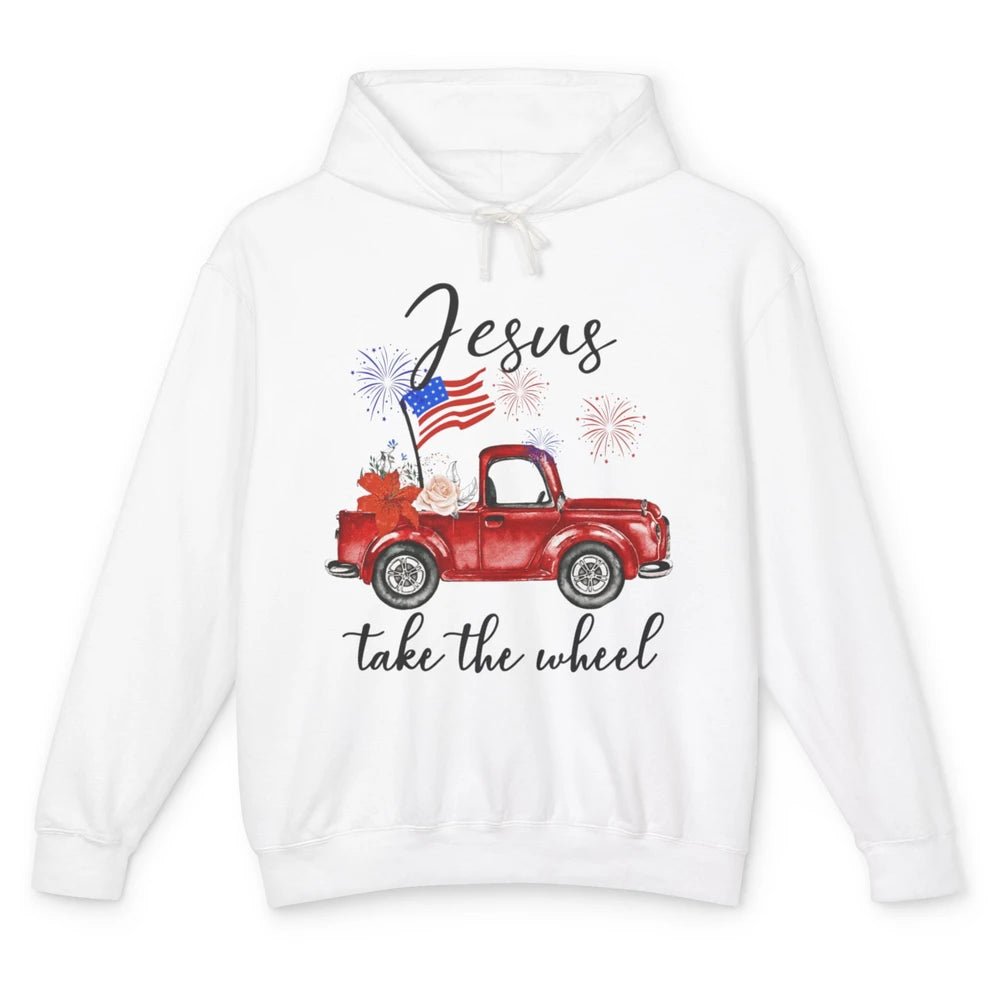 4th Of July Jesus Take The Wheel Red Truck Watercolor God Unisex Lightweight Hoodie