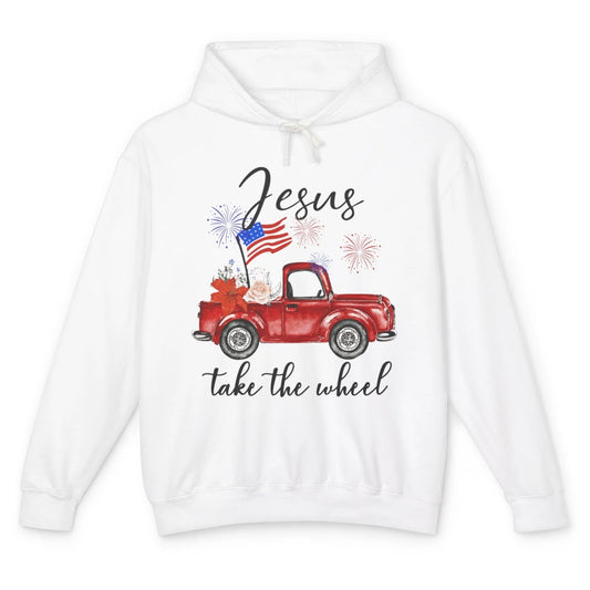 4th Of July Jesus Take The Wheel Red Truck Watercolor God Unisex Lightweight Hoodie